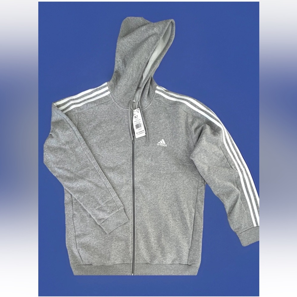 Adidas Men’s Essentials 3-Stripes Full-Zip Hoodie Fleece Lined Grey XLT